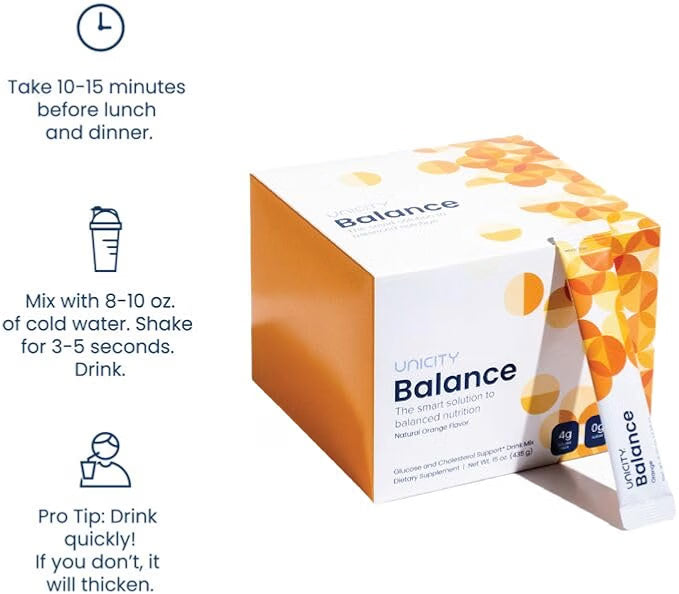 Unicity Balance Fiber Supplement | Supports Healthy Glucose Response & Fullness | Pre-Meal Soluble Fiber Drink Mix | Natural Orange | 30 Stick Packs