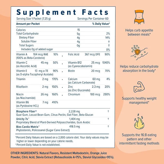 Unicity Balance Fiber Supplement | Supports Healthy Glucose Response & Fullness | Pre-Meal Soluble Fiber Drink Mix | Natural Orange | 30 Stick Packs