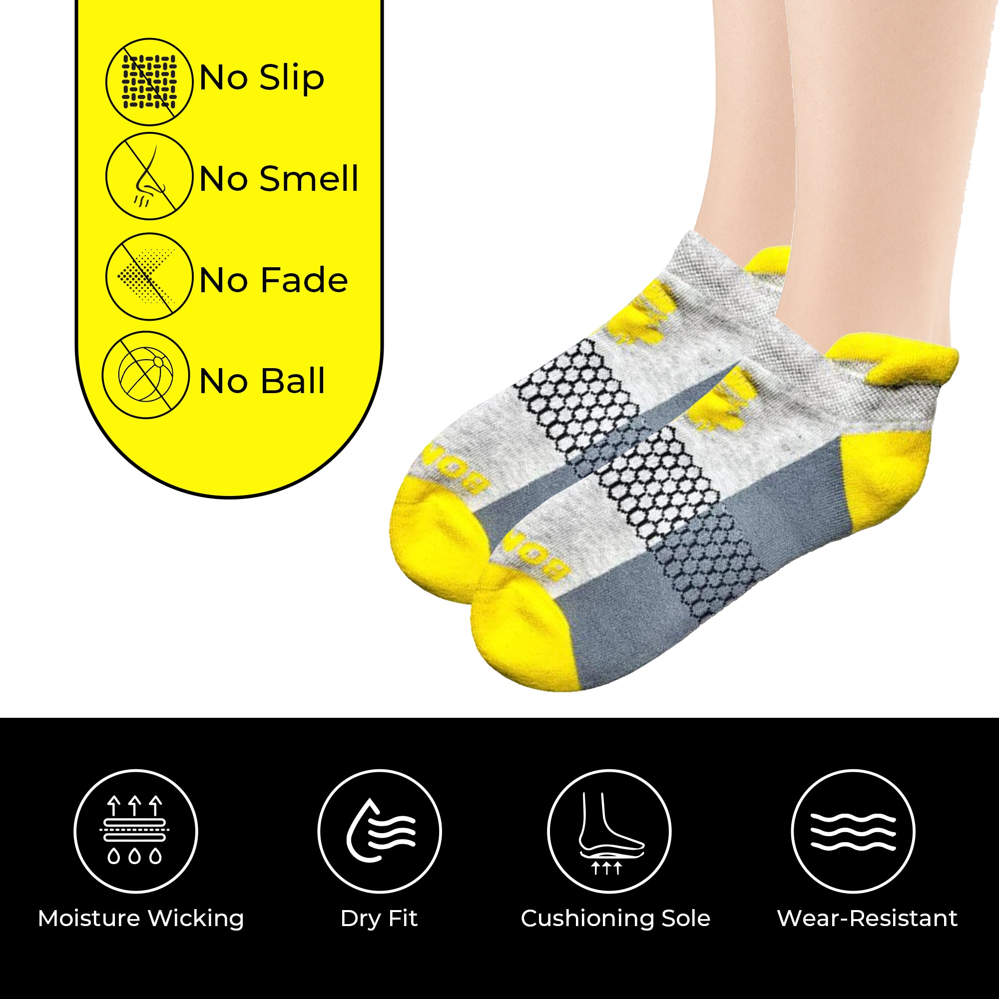 Unisex Athletic Ankle Socks – 3-Pack in Yellow and Grey | Breathable, Cushioned Fit