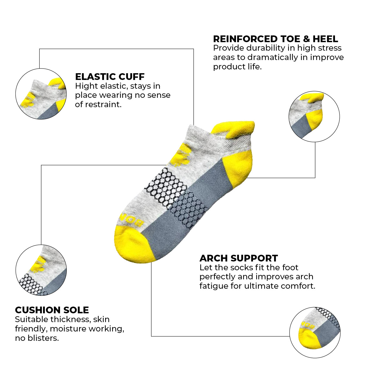 Unisex Athletic Ankle Socks – 3-Pack in Yellow and Grey | Breathable, Cushioned Fit