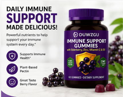 DUWZGU Immune Support Gummies | Elderberry, Zinc, Vitamin C & D3 | Plant-Based | 60 Gummies | Daily Immune Health Supplement