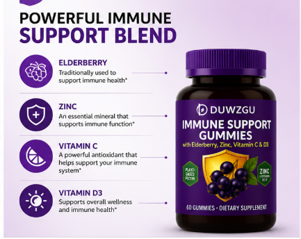 DUWZGU Immune Support Gummies | Elderberry, Zinc, Vitamin C & D3 | Plant-Based | 60 Gummies | Daily Immune Health Supplement